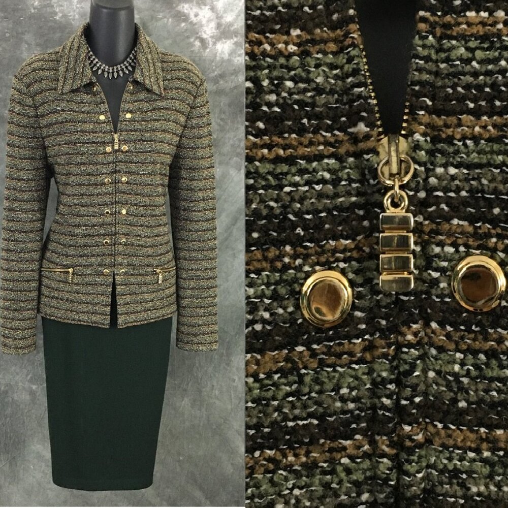 BEAUTIFUL St John collection knit green multi jacket skirt suit 8